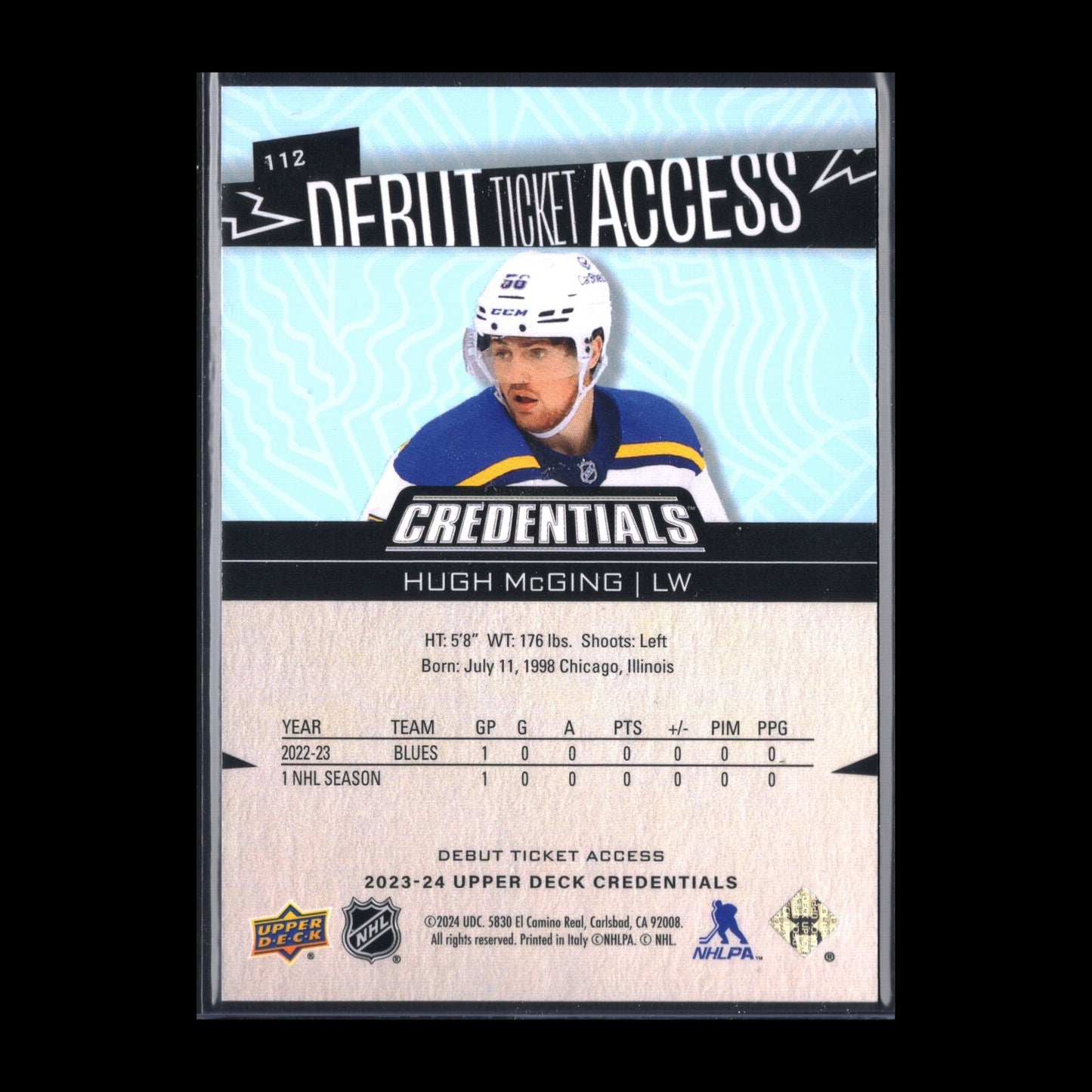 2023-24 UD Credentials HUGH MCGING #112 Debut Ticket Access 722/999 RC