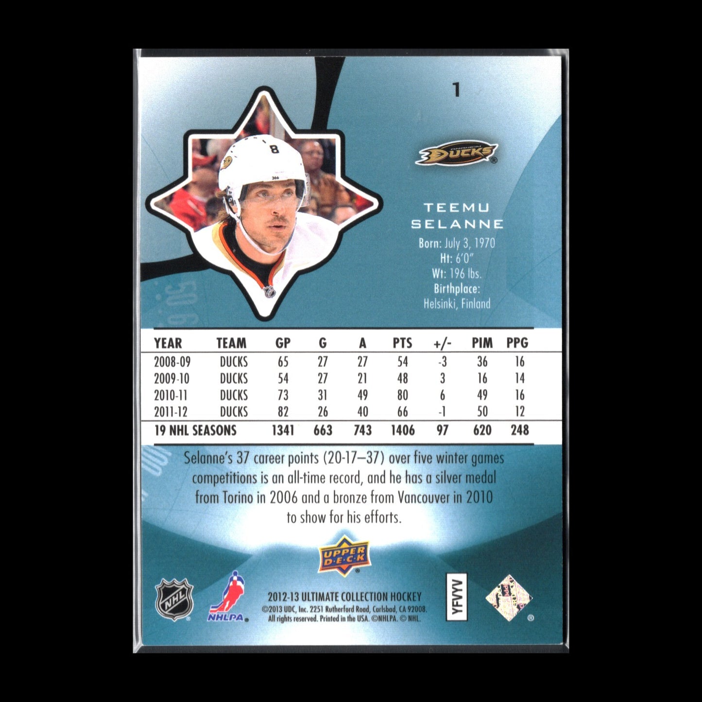 2012-13 UD Ultimate Collection TEEMU SELANNE #1 /399 - Anaheim Ducks