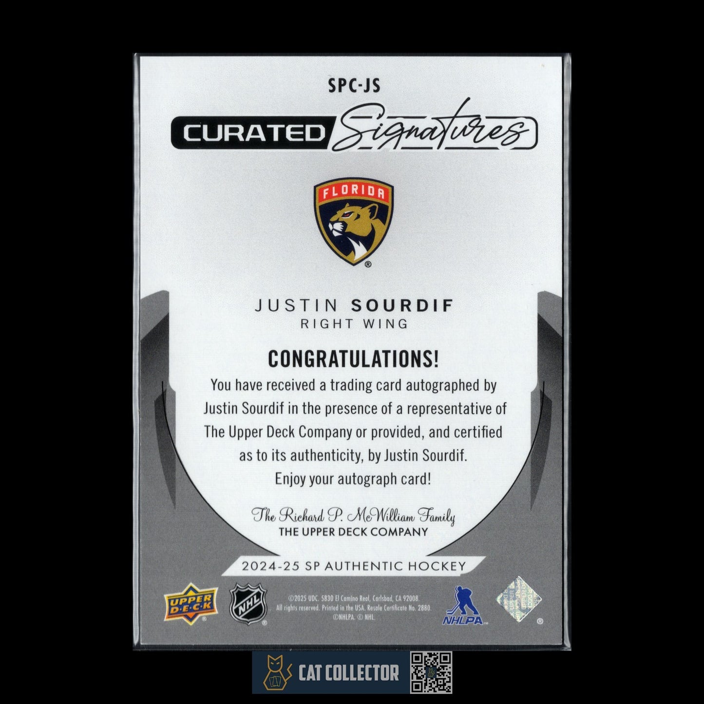 2024-25 UD SP Authentic JUSTIN SOURDIF #SPC-JS Curated Signatures /299 AUTO