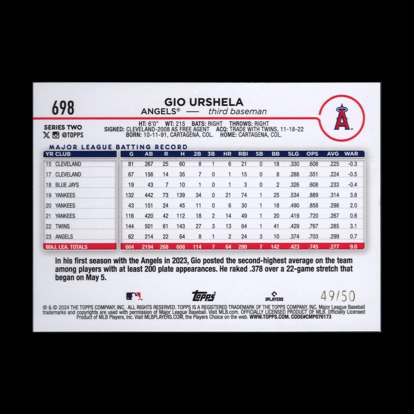 2024 Topps Series 2 GIO URSCHELA #698 Yellow crackle foil /50 - LA Angels