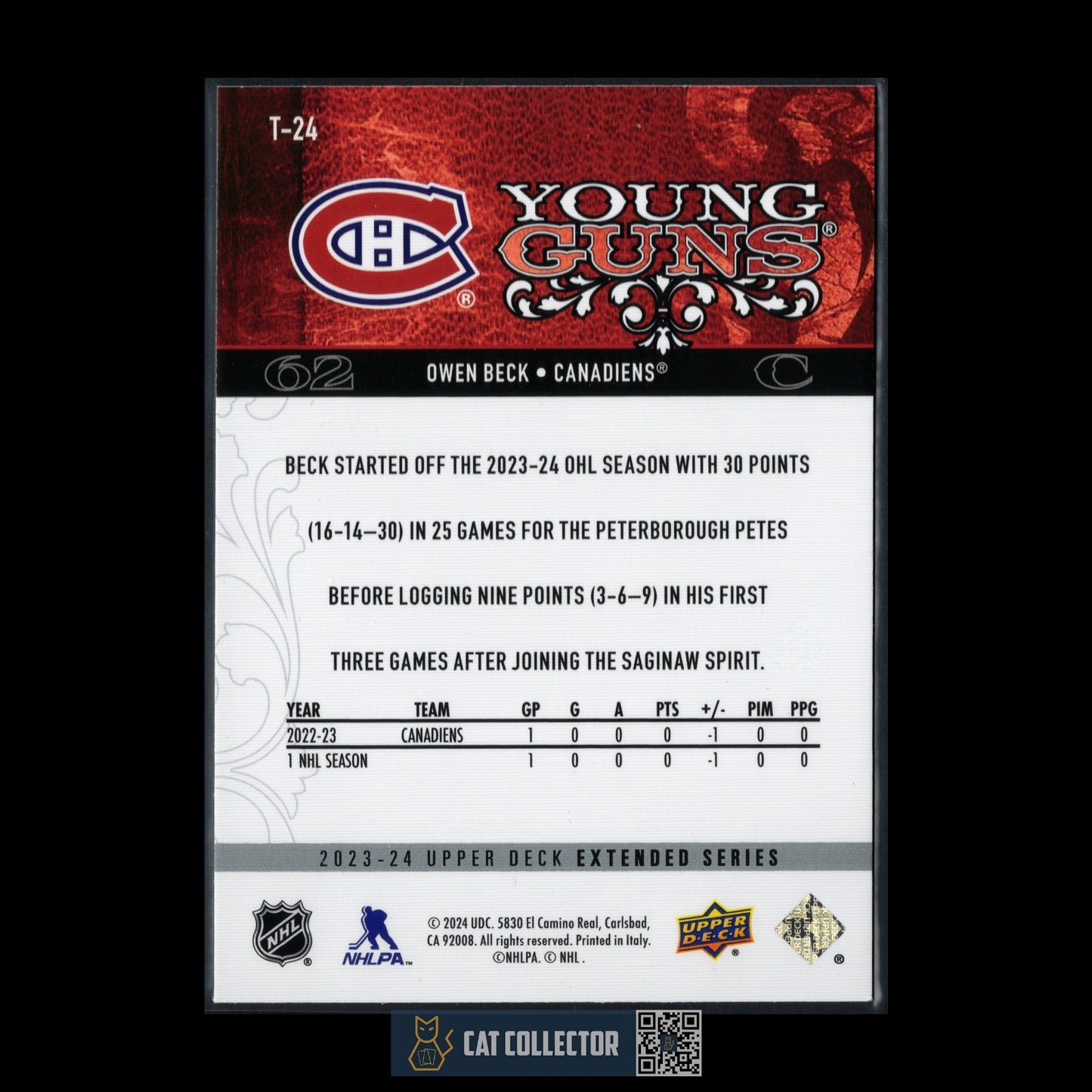 2023-24 UD Extended series OWEN BECK #T-24 Retro Young guns Rookie RC