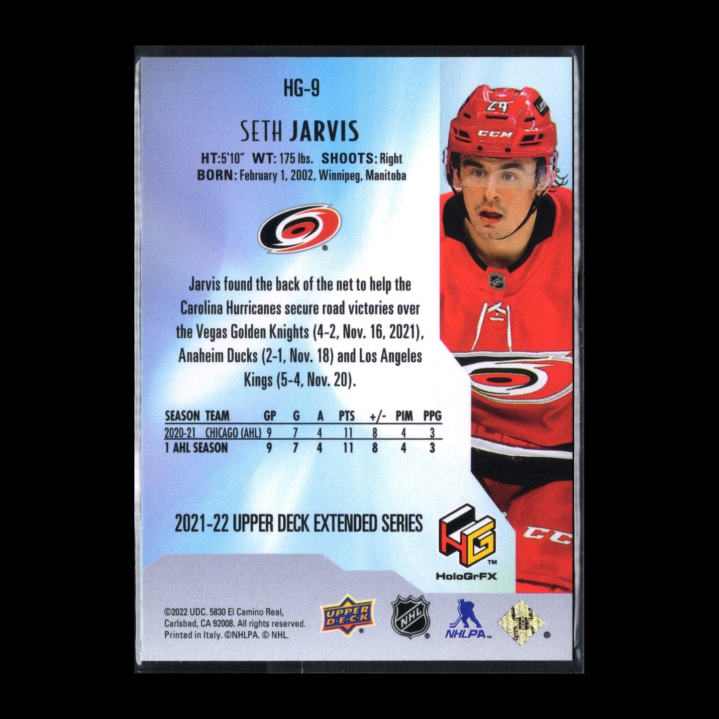2021-22 UD Extended series SETH JARVIS #HG-9 HoloGrFX - Carolina Hurricanes