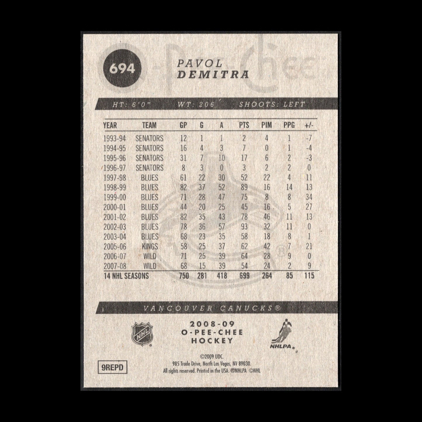 2008-09 O-Pee-Chee Hockey PAVOL DEMITRA #694 - Vancouver Canucks