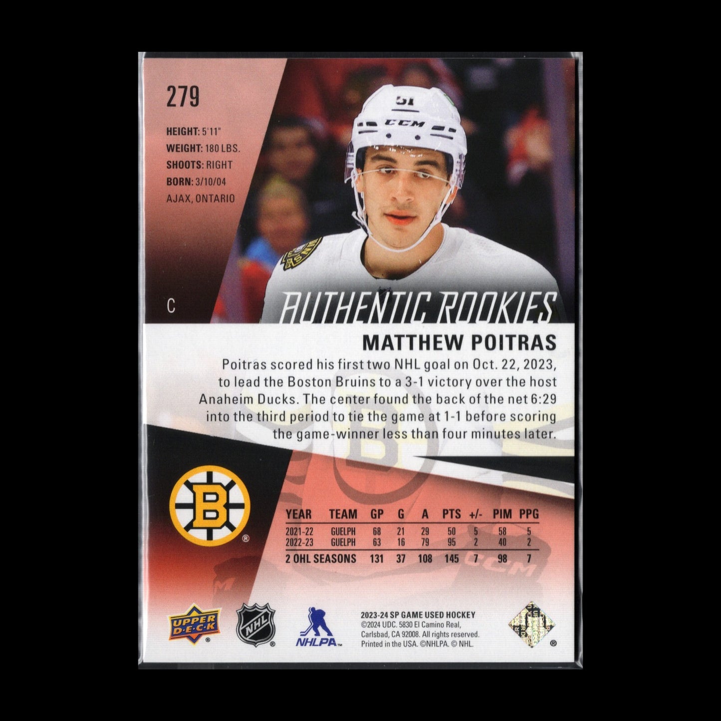 2023-24 UD SP Game Used MATTHEW POITRAS #279 Authentic Rookies Red /219