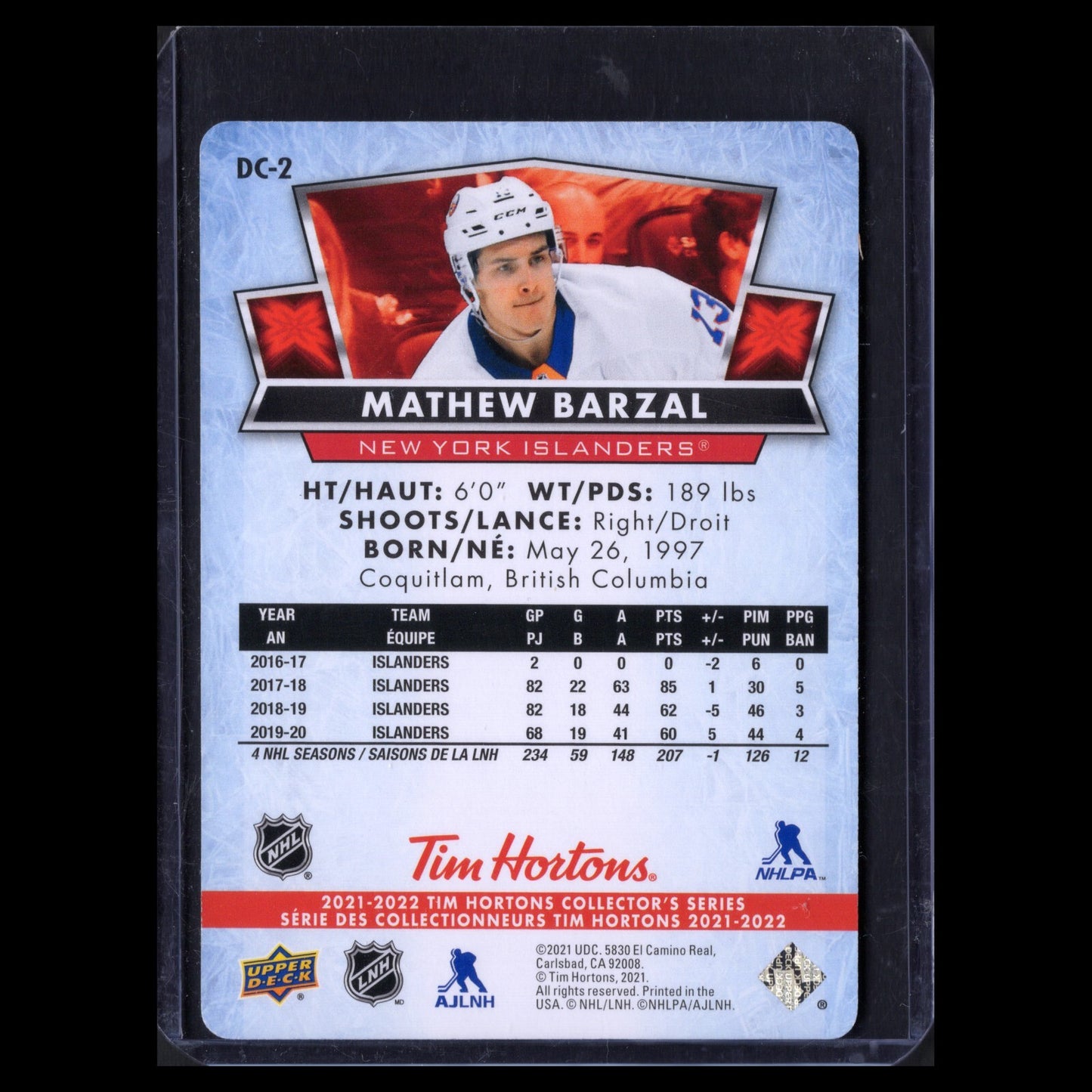 2021-22 UD Tim Hortons MATHEW BARZAL #DC-2 Red Die-Cut - New York Islanders