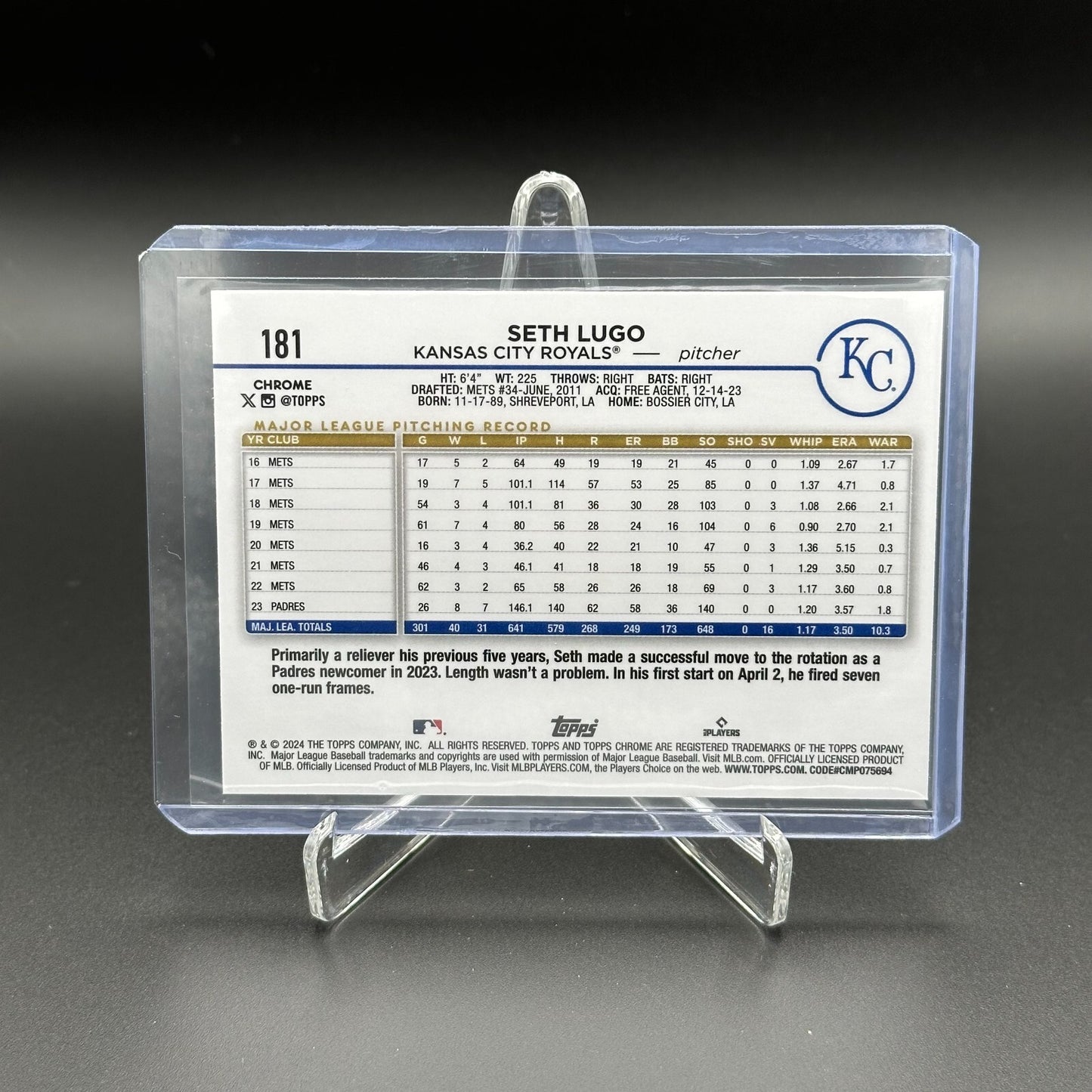 2024 Topps Chrome SETH LUGO #181 Aqua Refractor 68/199 - Kansas City Royals
