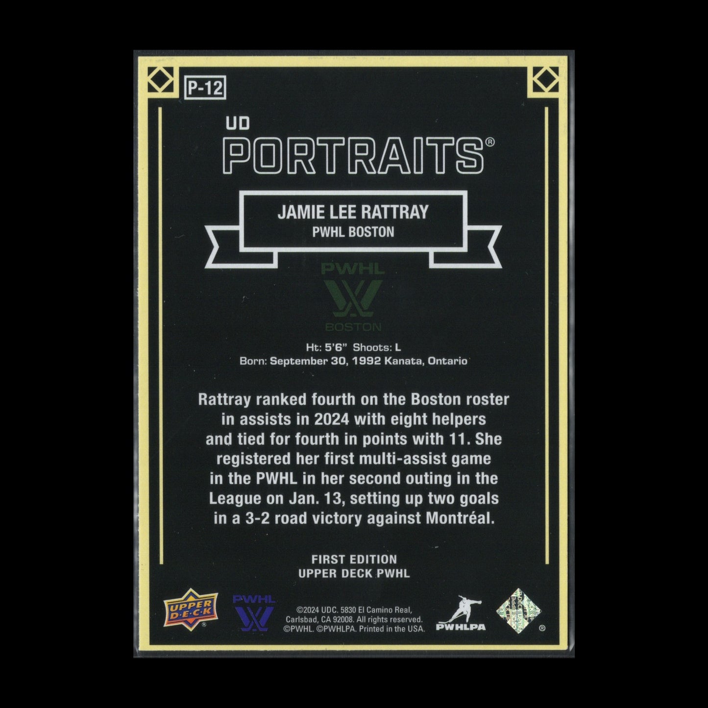 2024-25 UD PWHL JAMIE LEE RATTRAY #P-12 UD Portraits - 1st EDITION!