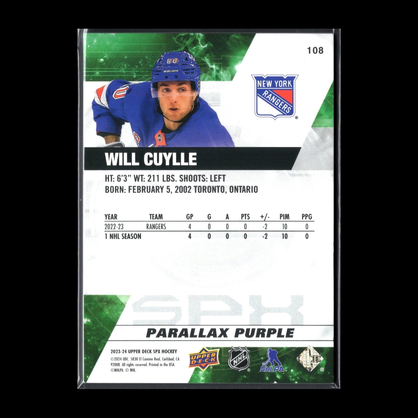 2023-24 UD SPx WILL CUYLLE #108 Parallax Purple RC /149 - New York Rangers