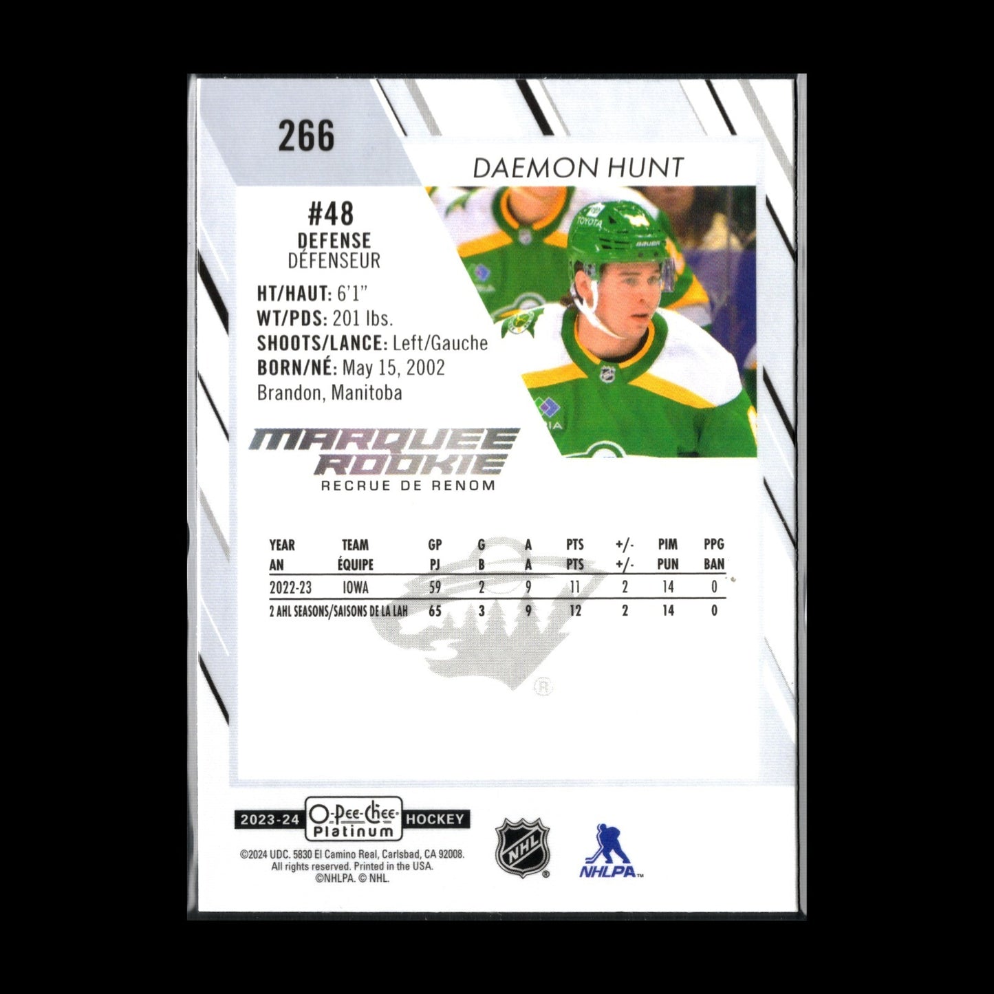 2023-24 OPC Platinum DAEMON HUNT #266 Marquee rookie RC - Minnesota Wild