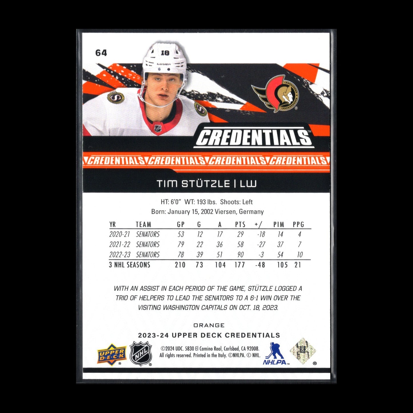 2023-24 UD Credentials TIM STUTZLE #64 Orange /249 - Ottawa Senators