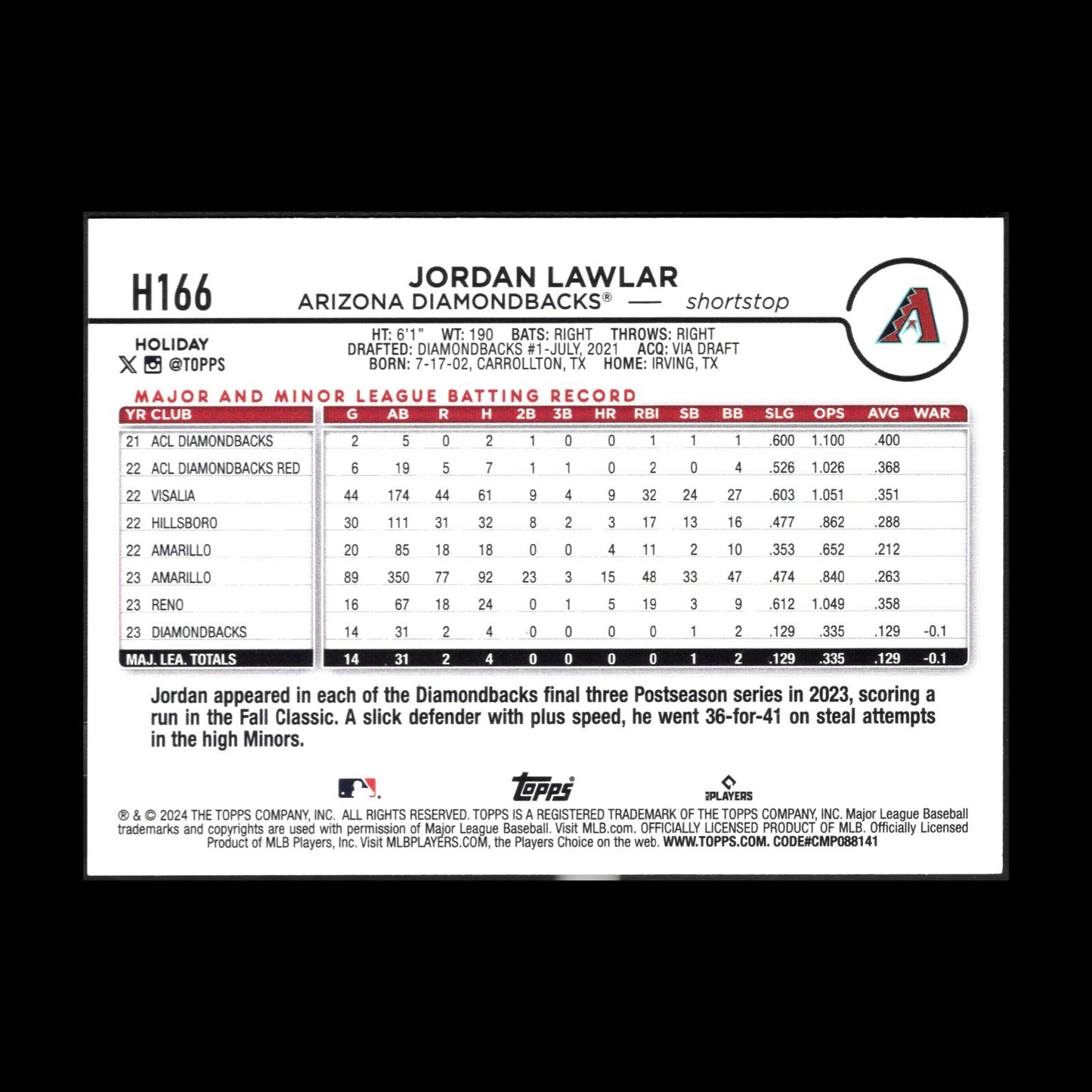 2024 Topps Holiday JORDAN LAWLAR #H166 RC - Arizona Diamondbacks
