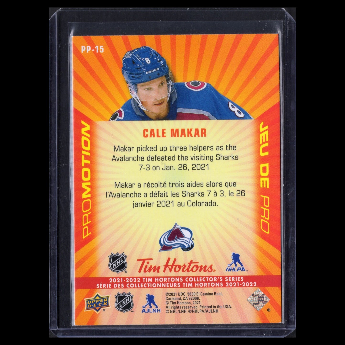 2021-22 UD Tim Hortons CALE MAKAR #PP-15 Promotion - Colorado Avalanche