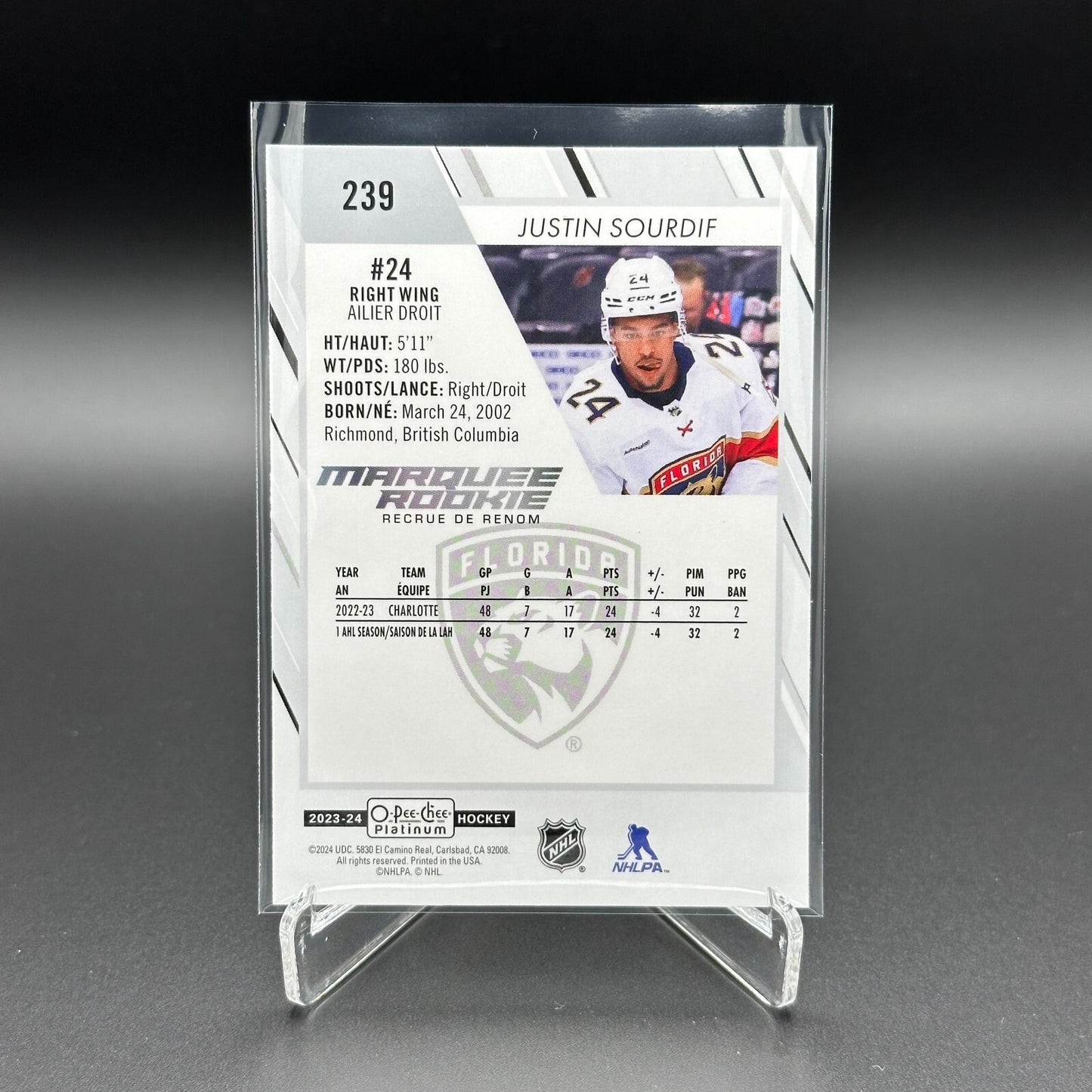2023-24 OPC Platinum JUSTIN SOURDIF #239 Marquee rookie RC - Florida Panthers