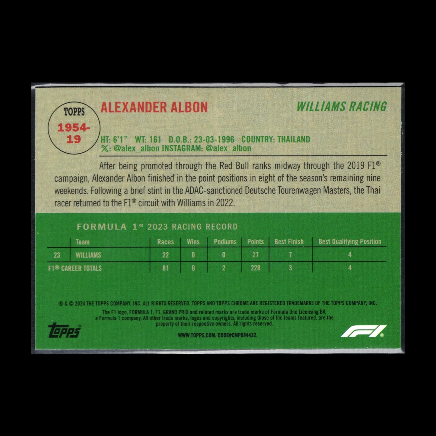 2024 Topps Chrome Formula 1 ALEXANDER ALBON #1954-19 1954 Topps Retro
