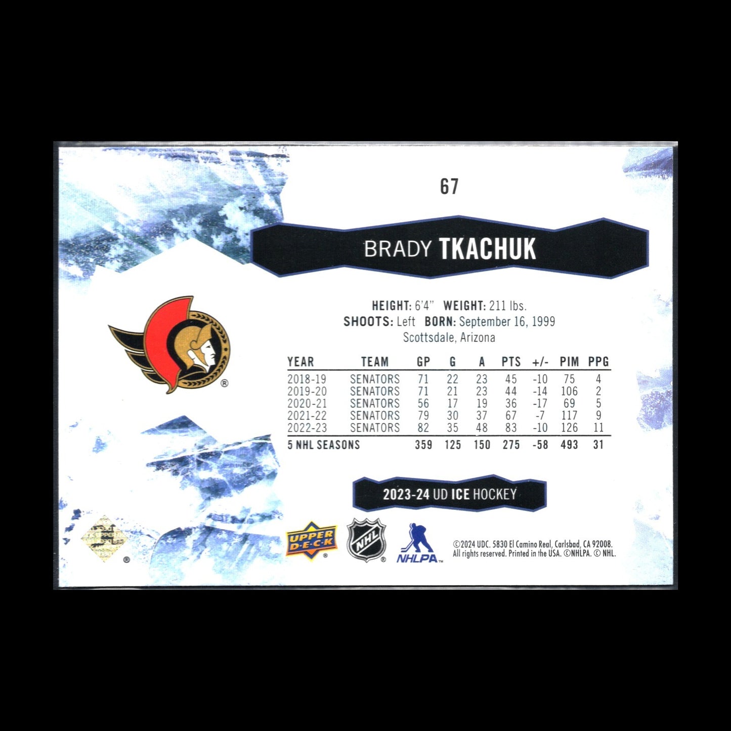 2023-24 UD Ice BRADY TKACHUK #67 Purple - Ottawa Senators