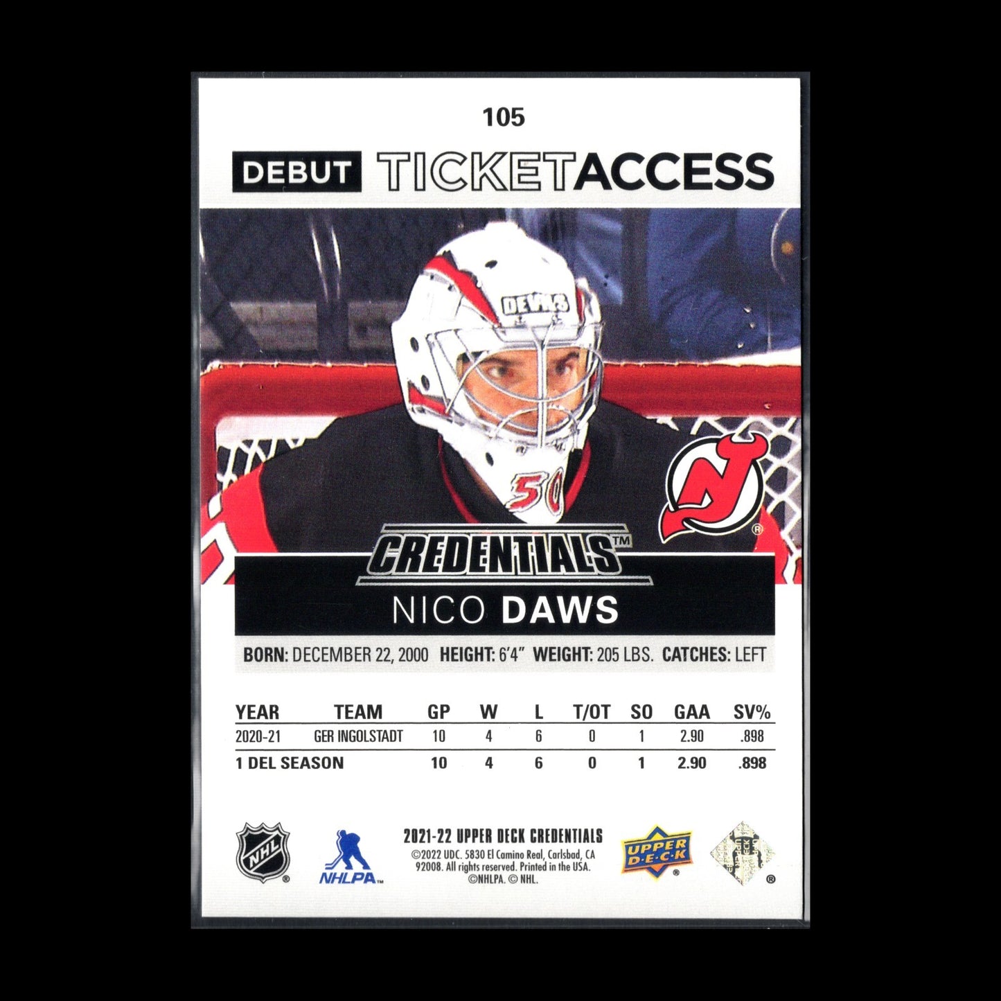 2021-22 UD Credentials NICO DAWS #105 Debut Ticket Access RC 553/999 - NJ Devils