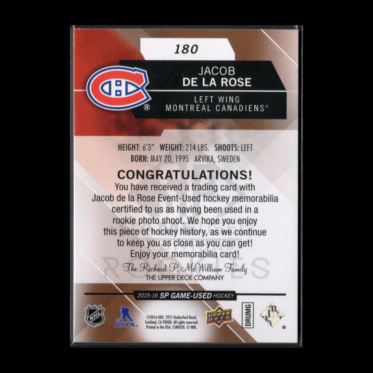 2015-16 SP Game Used JACOB DE LA ROSE #180 Copper Jersey Authentic Rookies /399