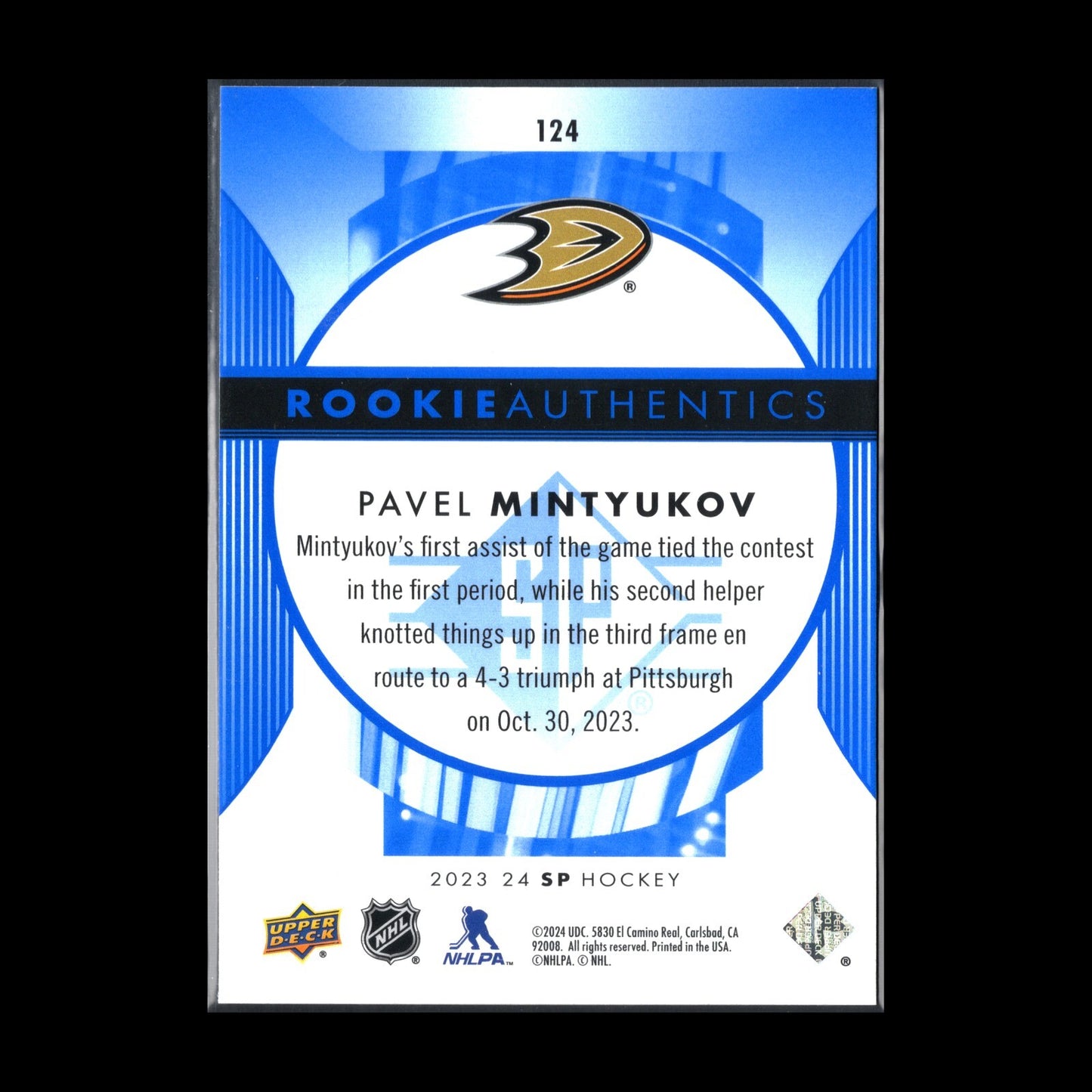 2023-24 UD SP Authentic PAVEL MINTYUKOV #124 Rookie Authentics - Anaheim Ducks