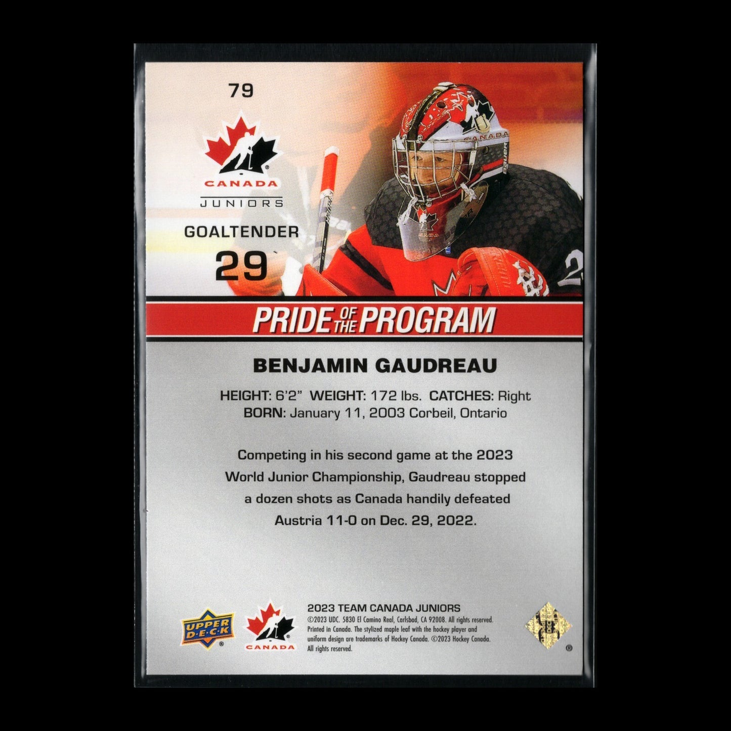 2023 Upper Deck Team Canada Juniors BENJAMIN GAUDREAU #79 Pride of the program