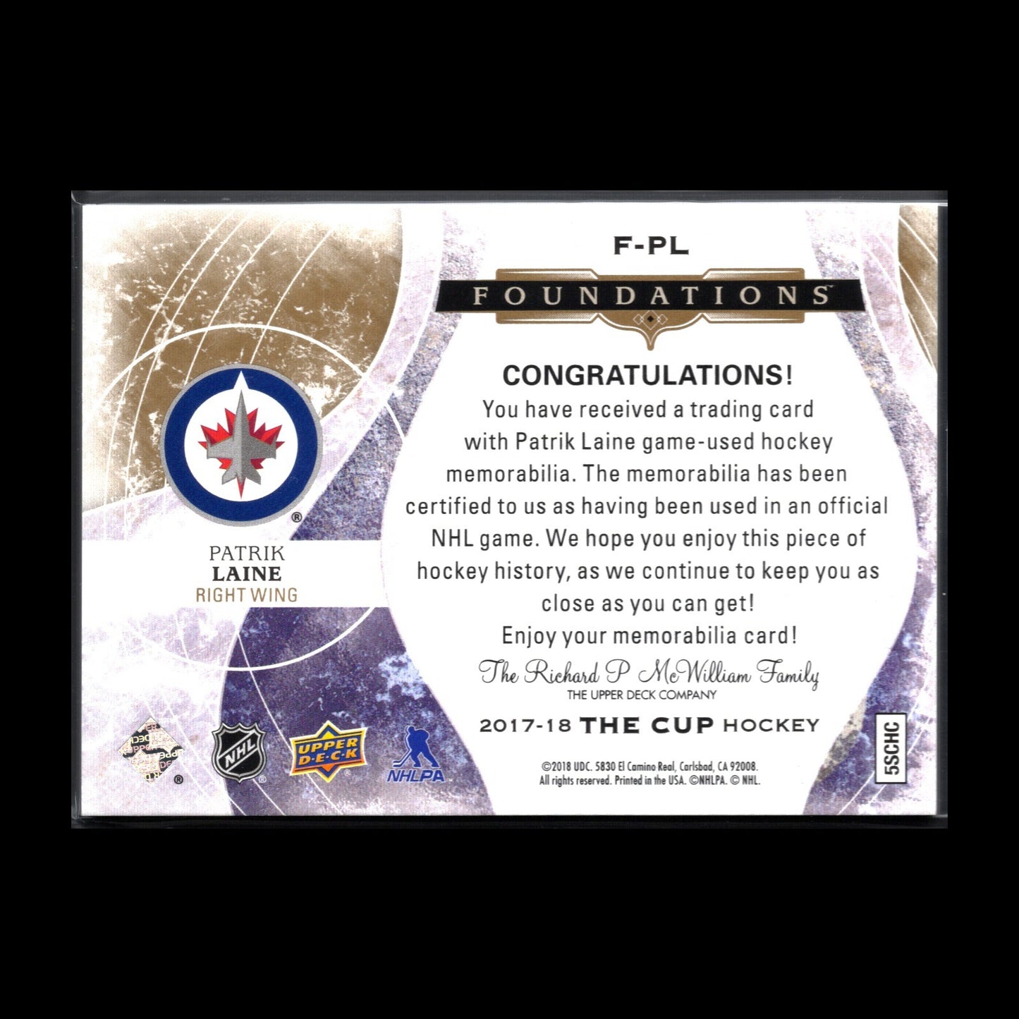 2017-18 UD The Cup PATRIK LAINE #F-PL Foundations Quad Jersey 18/25