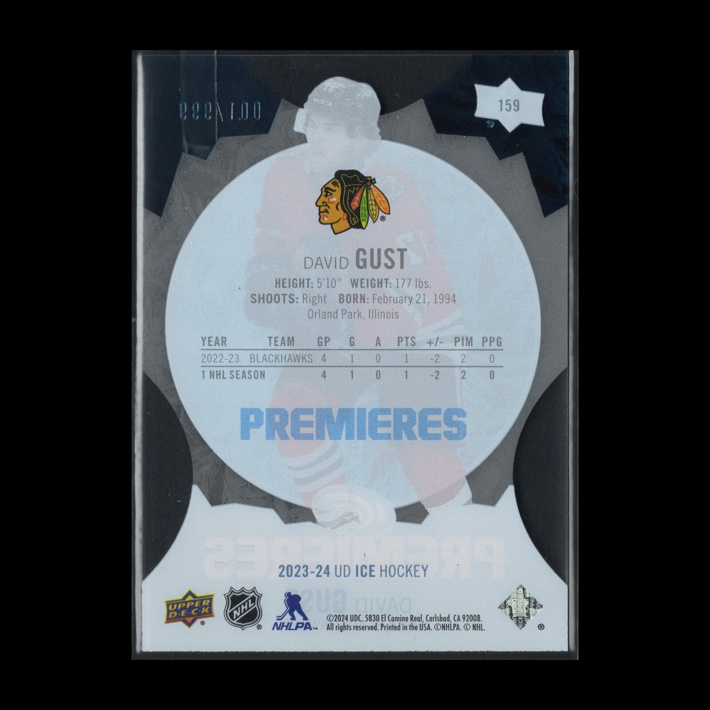 2023-24 UD Ice DAVID GUST #159 Ice Premieres Rookie RC 1/999 - First Print!