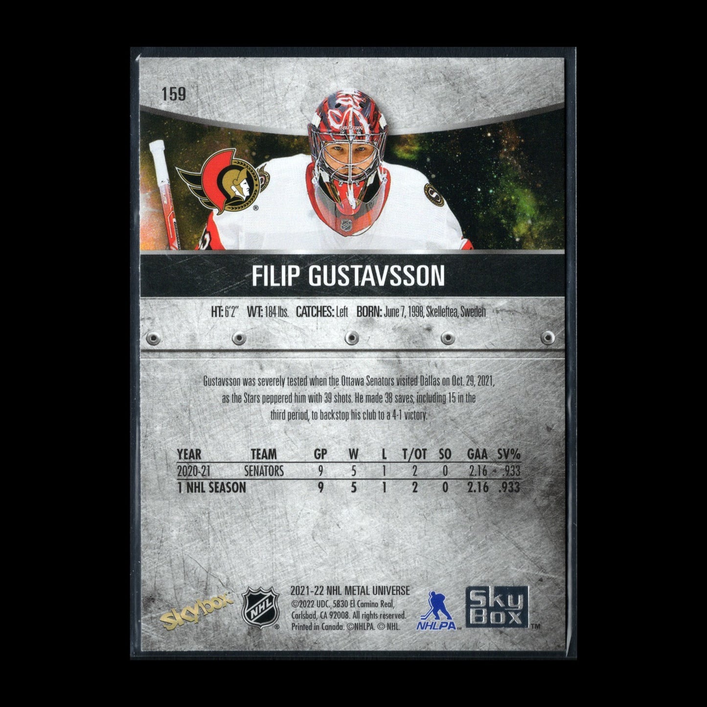 2021-22 SkyBox Metal Universe FILIP GUSTAVSSON #159 Rookie RC - Senators Ottawa