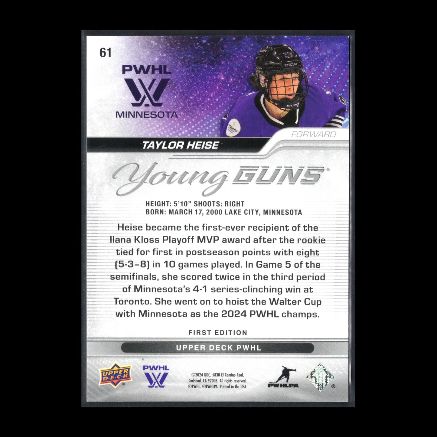 2024-25 UD PWHL TAYLOR HEISE #61 Young guns Deluxe /250 RC MVP - 1st Edition!