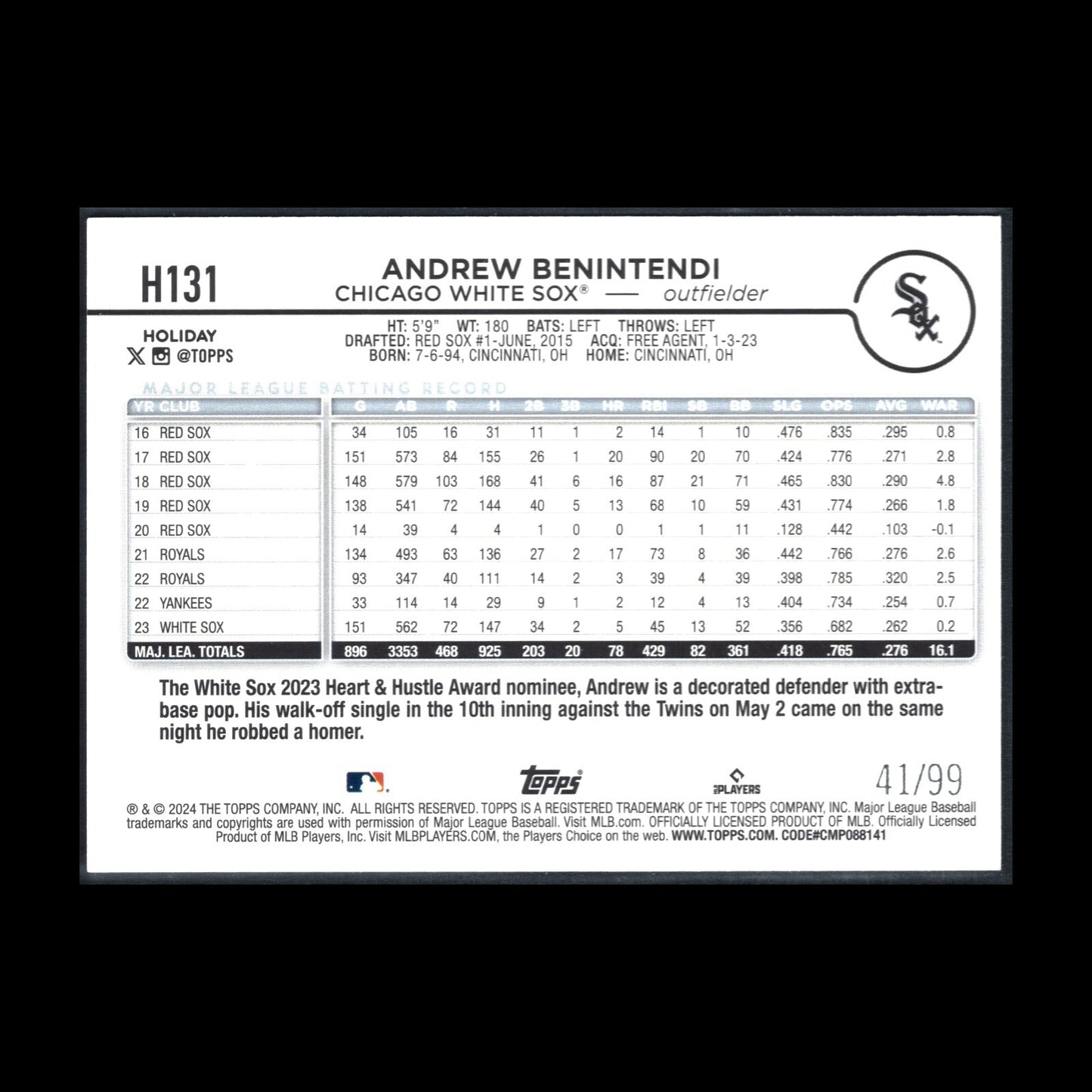 2024 Topps Holiday ANDREW BENINTENDI #H131 Purple Metallic Holiday Tree 41/99