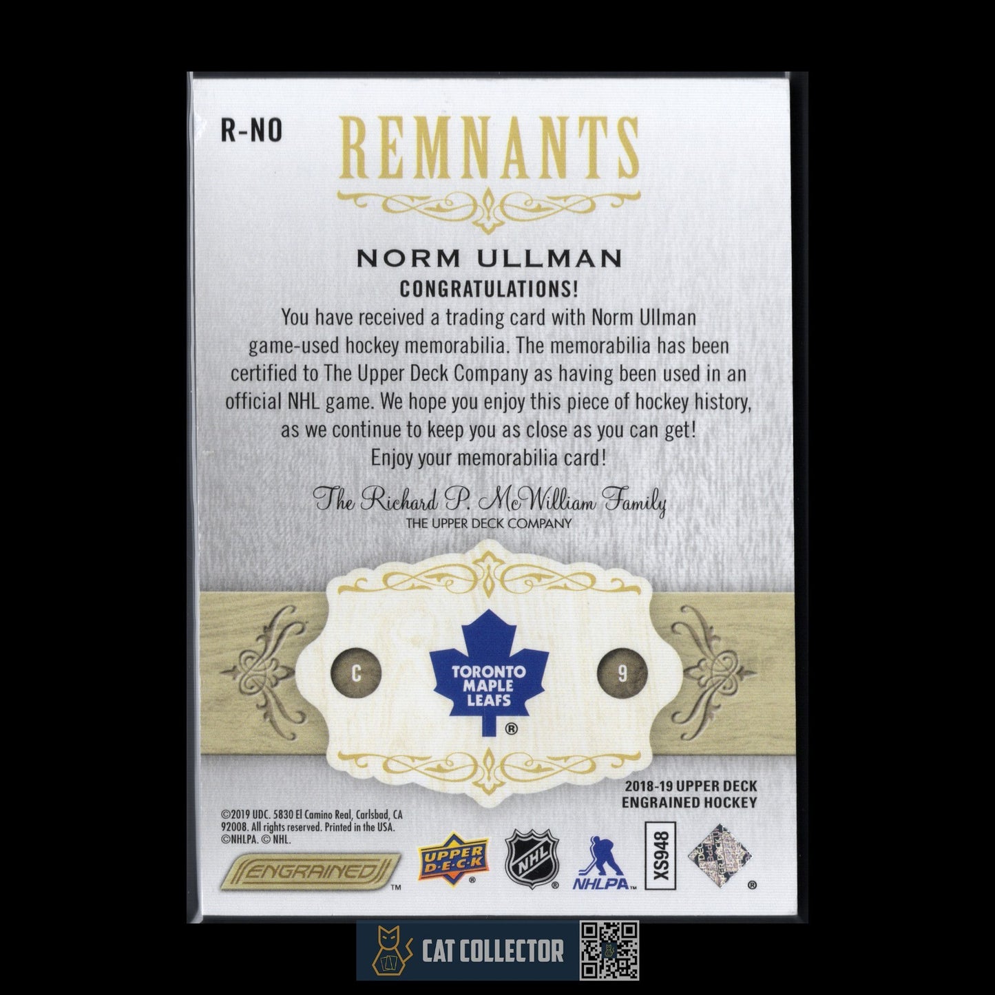 2018-19 UD Engrained NORM ULLMAN #R-NO Remnants 1/100 Game Used Stick 1st Print!