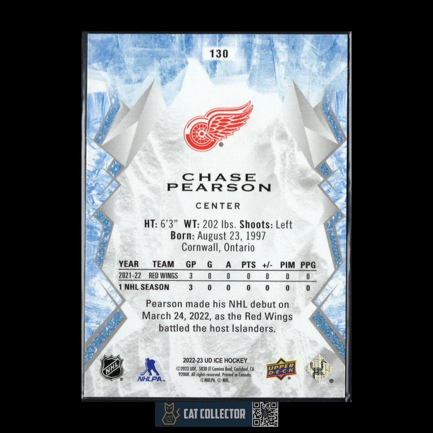 2022-23 UD Ice CHASE PEARSON #130 Rookie RC - Detroit Red Wings