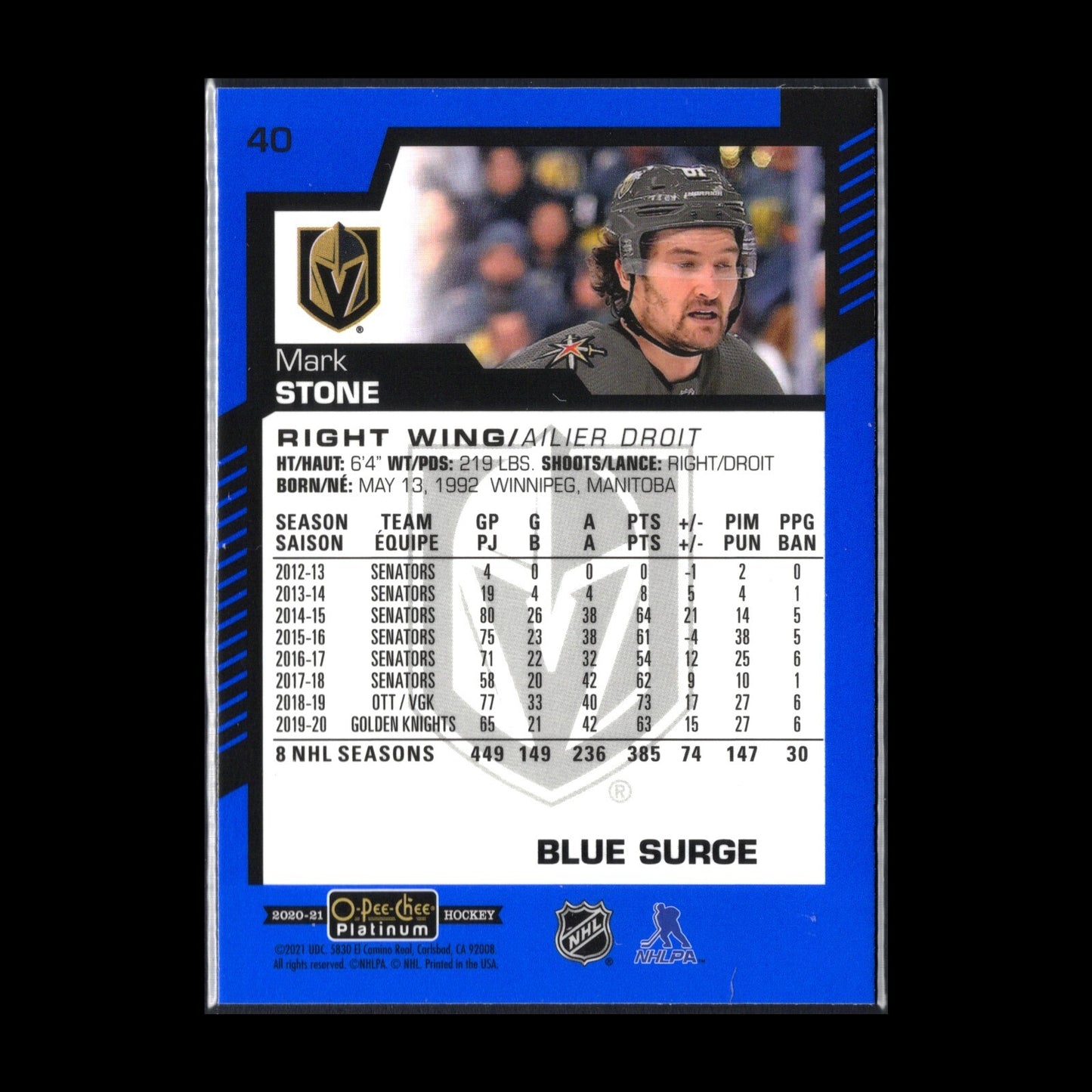 2020-21 O-Pee-Chee Platinum MARK STONE #40 Blue Surge - Vegas Golden Knights