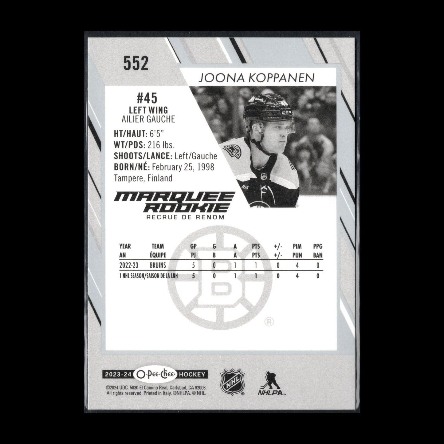 2023-24 O-Pee-Chee JOONA KOPPANEN #552 Marquee rookie RC - Boston Bruins