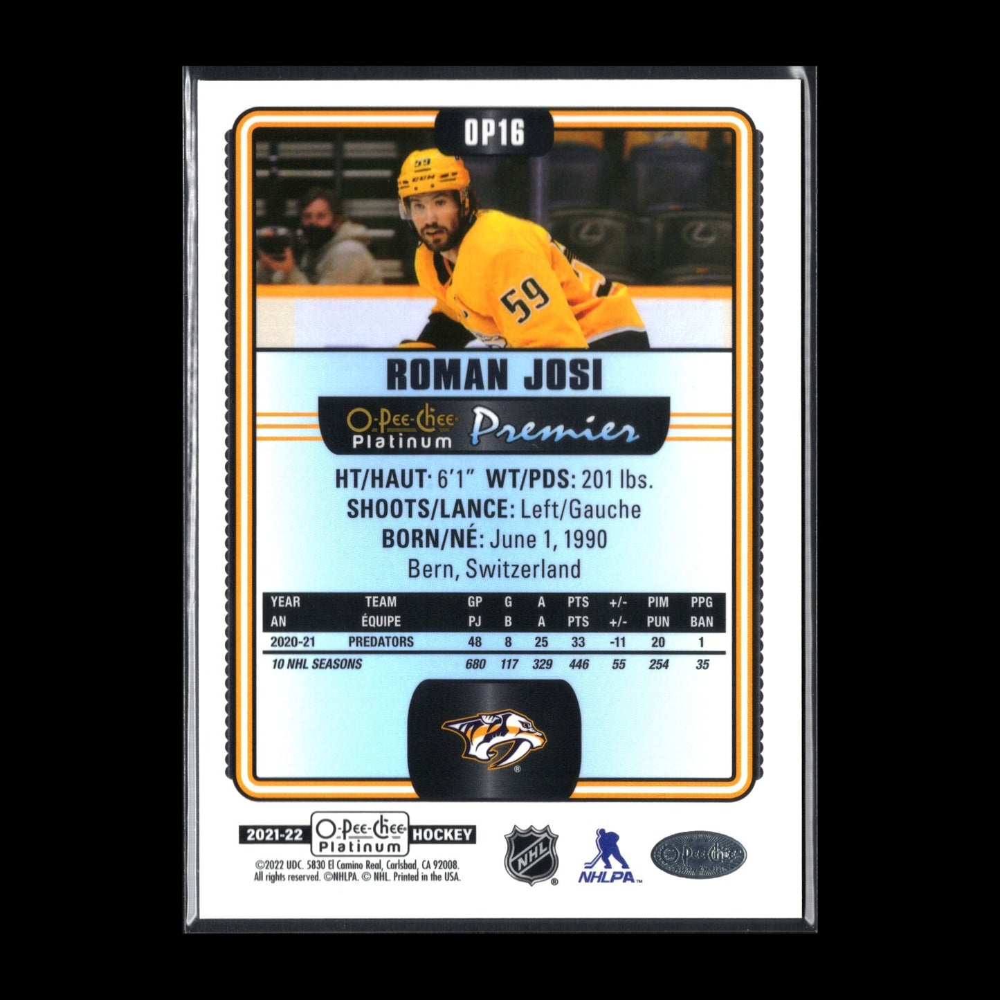 2021-22 O-Pee-Chee Platinum ROMAN JOSI #OP16 Premier - Nashville Predators
