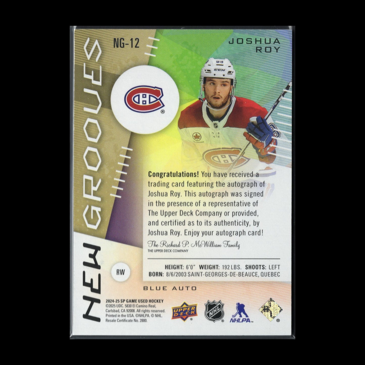 2024-25 UD SP Game Used JOSHUA ROY #NG-12 New Grooves Blue AUTO Rookie RC
