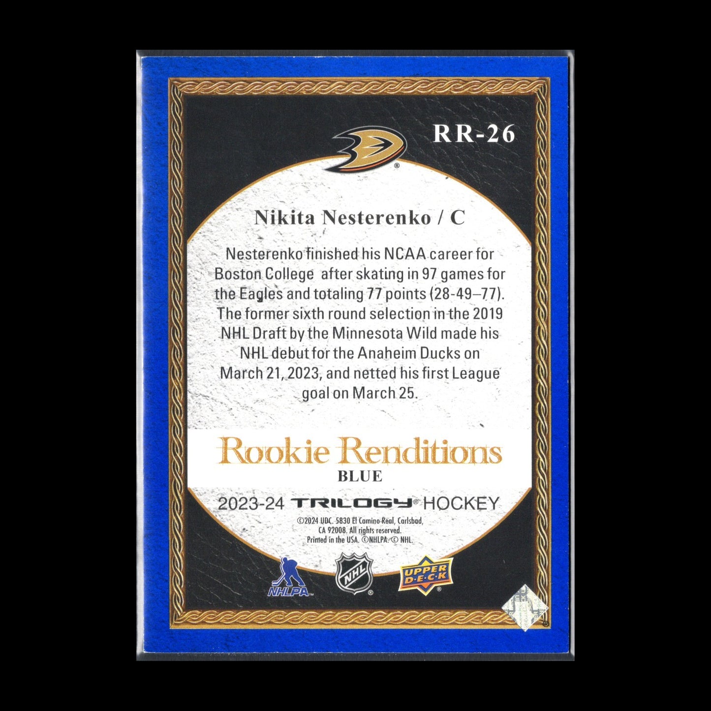2023-24 UD Trilogy NIKITA NESTERENKO #RR-26 Rookie Renditions Blue /499