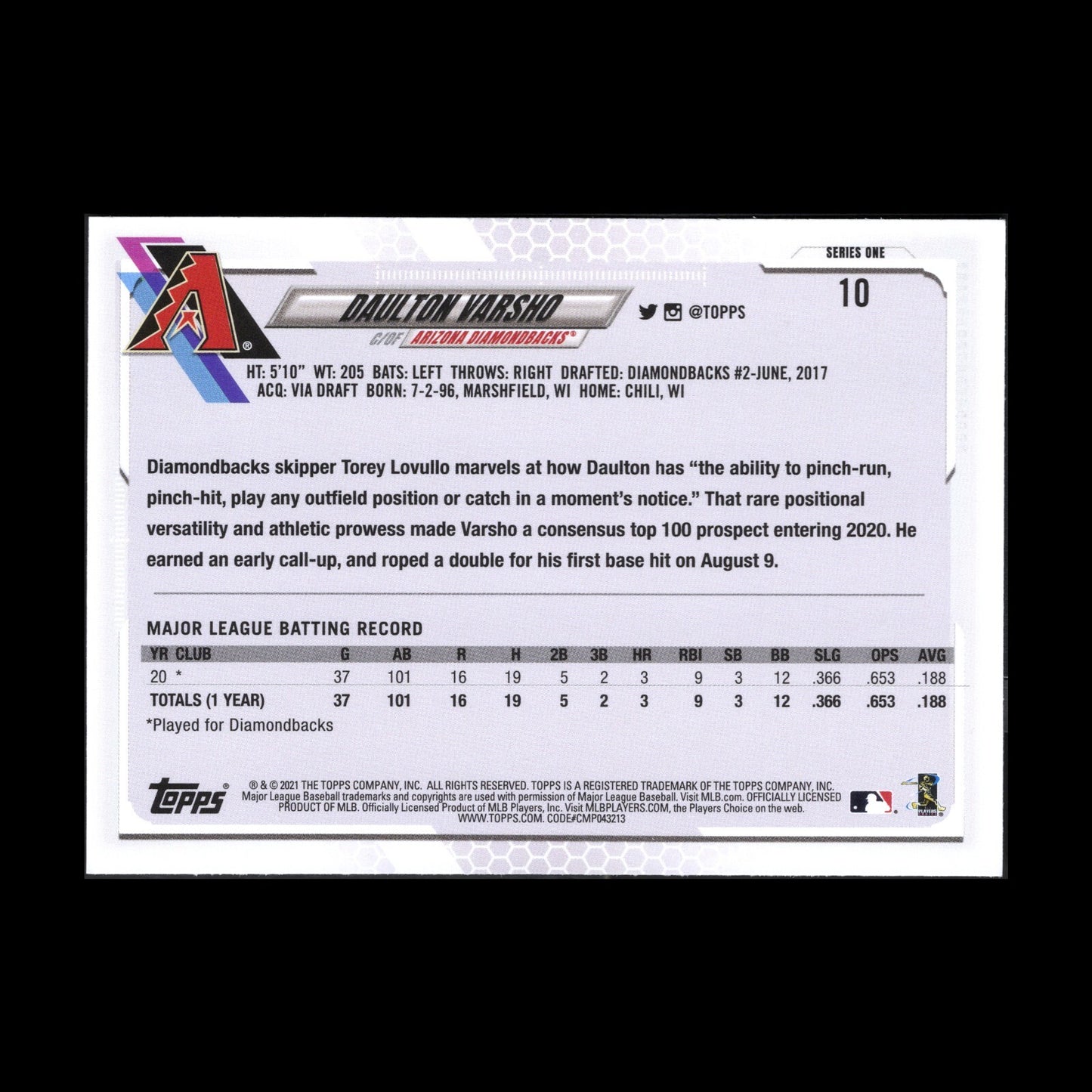 2021 Topps Series 1 DAULTON VARSHO #10 Rookie RC - Arizona Diamondbacks
