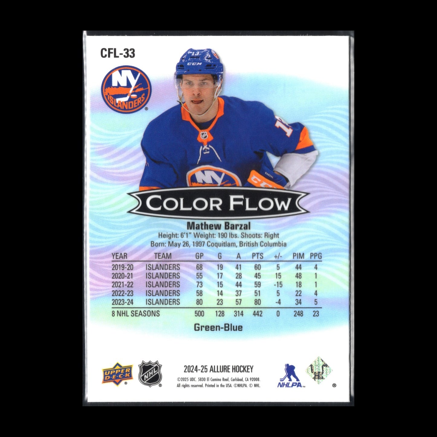 2024-25 UD Allure MATHEW BARZAL #CFL-33 Color Flow Green-Blue - NY Islanders