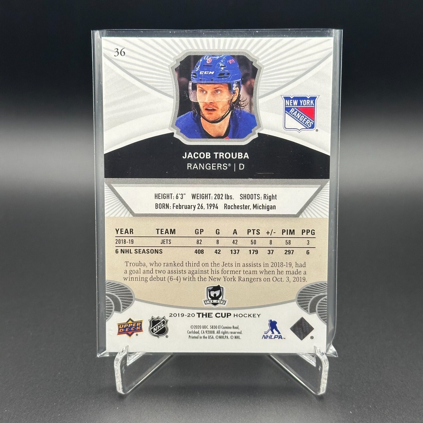 2019-20 Upper Deck The Cup JACOB TROUBA #35 /249 - New York Rangers