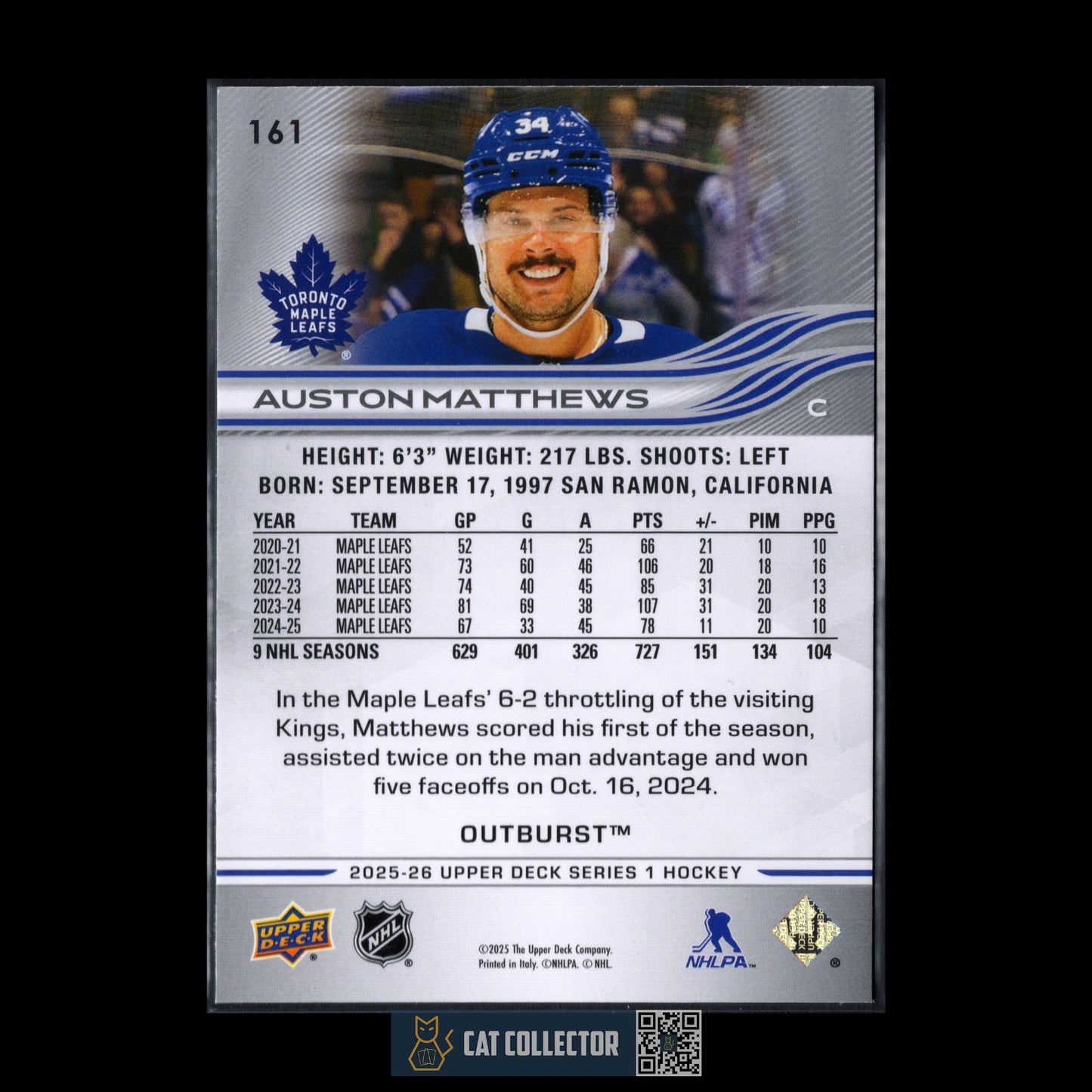 2025-26 UD Series 1 AUSTON MATTHEWS #161 Outburst - Toronto Maple Leafs