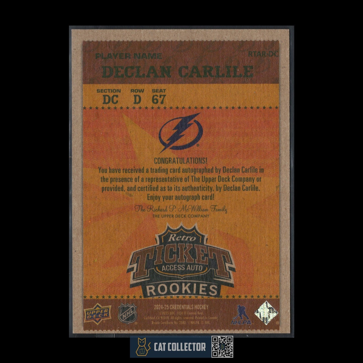 2024-25 UD Credentials DECLAN CARLILE #RTAR-DC Retro Ticket Access Auto