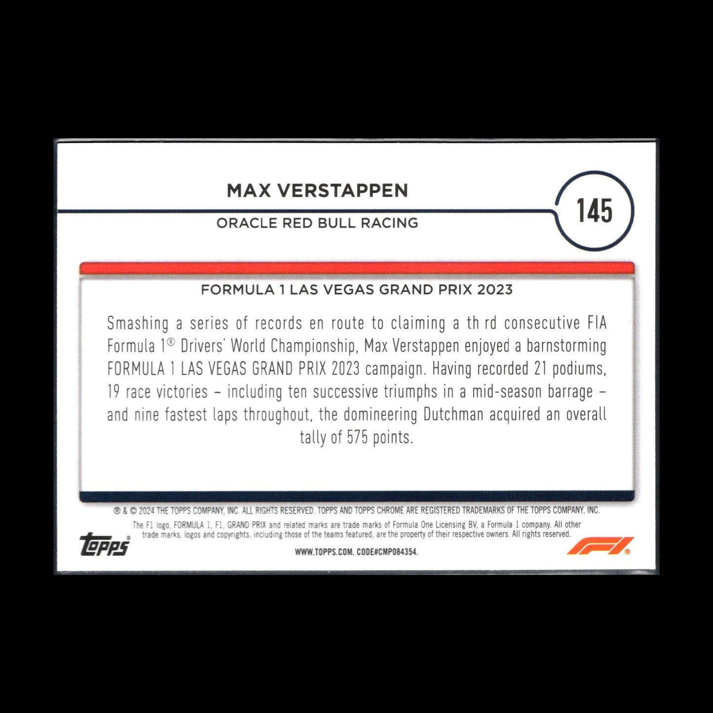 2024 Topps Chrome Formula 1 MAX VERSTAPPEN #145 Grand Prix Winner