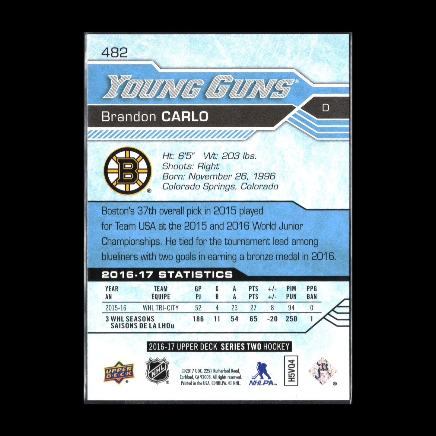 2016-17 Upper Deck Series 2 BRANDO CARLO #482 Young guns Rookie RC Boston Bruins