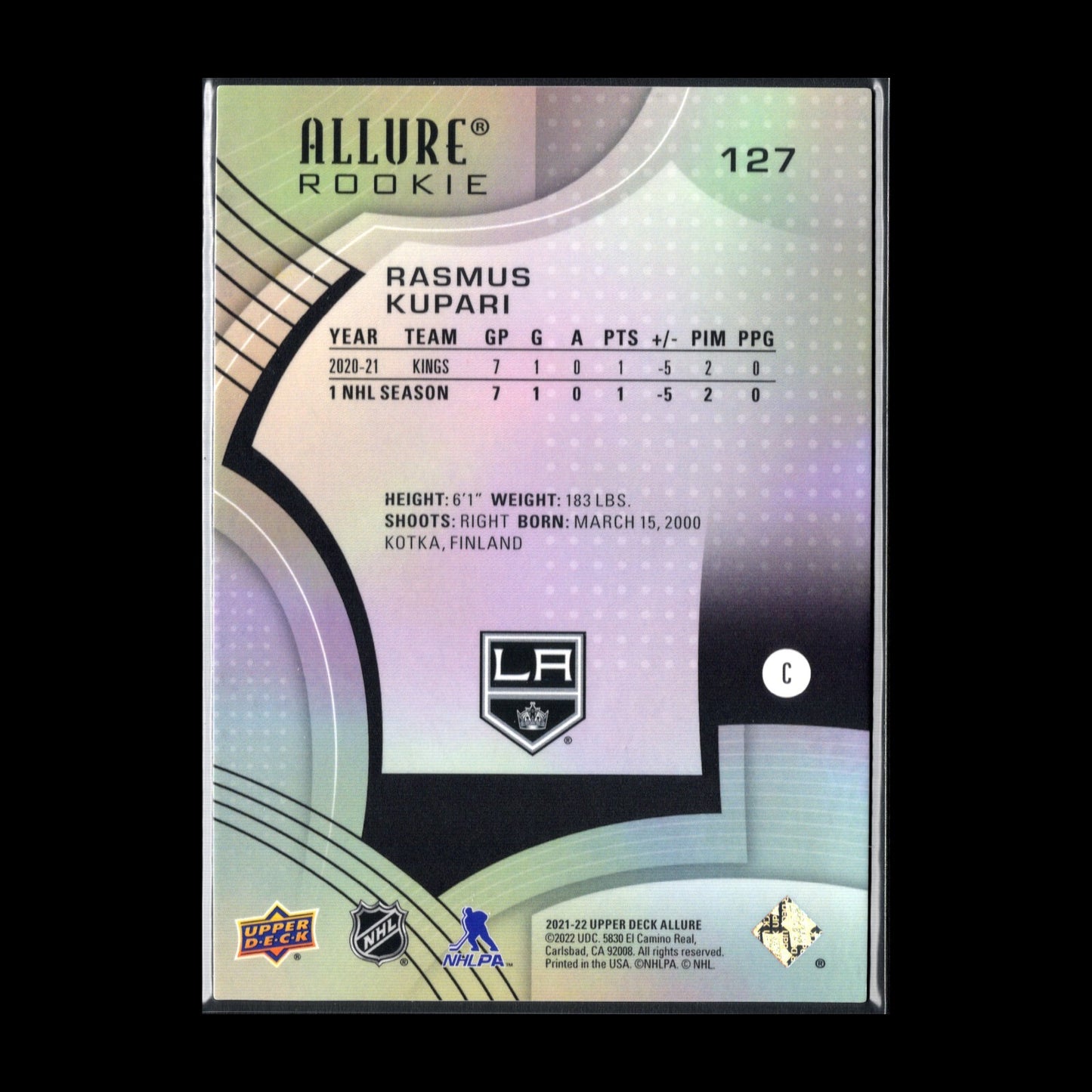 2021-22 UD Allure RASMUS KUPARI #127 RC - Los Angeles Kings