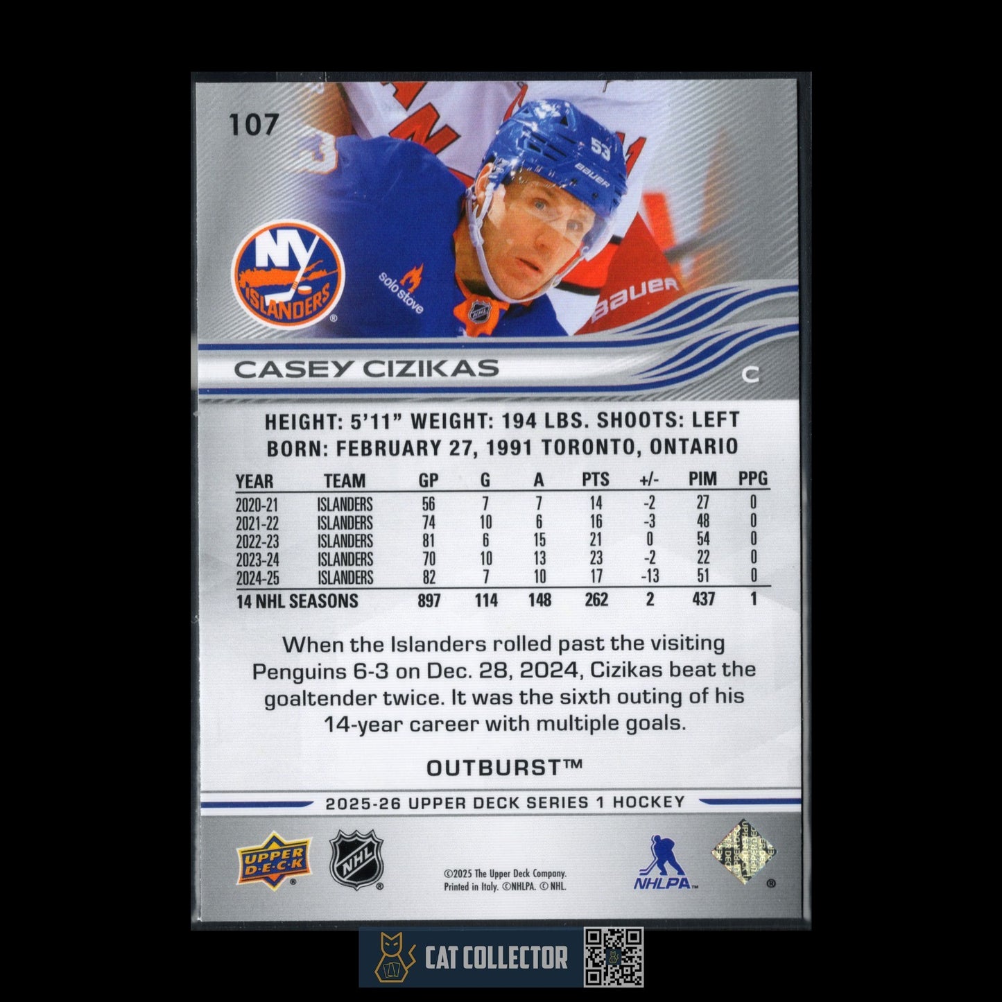 2025-26 UD Series 1 CASEY CIZIKAS #107 Outburst - New York Islanders