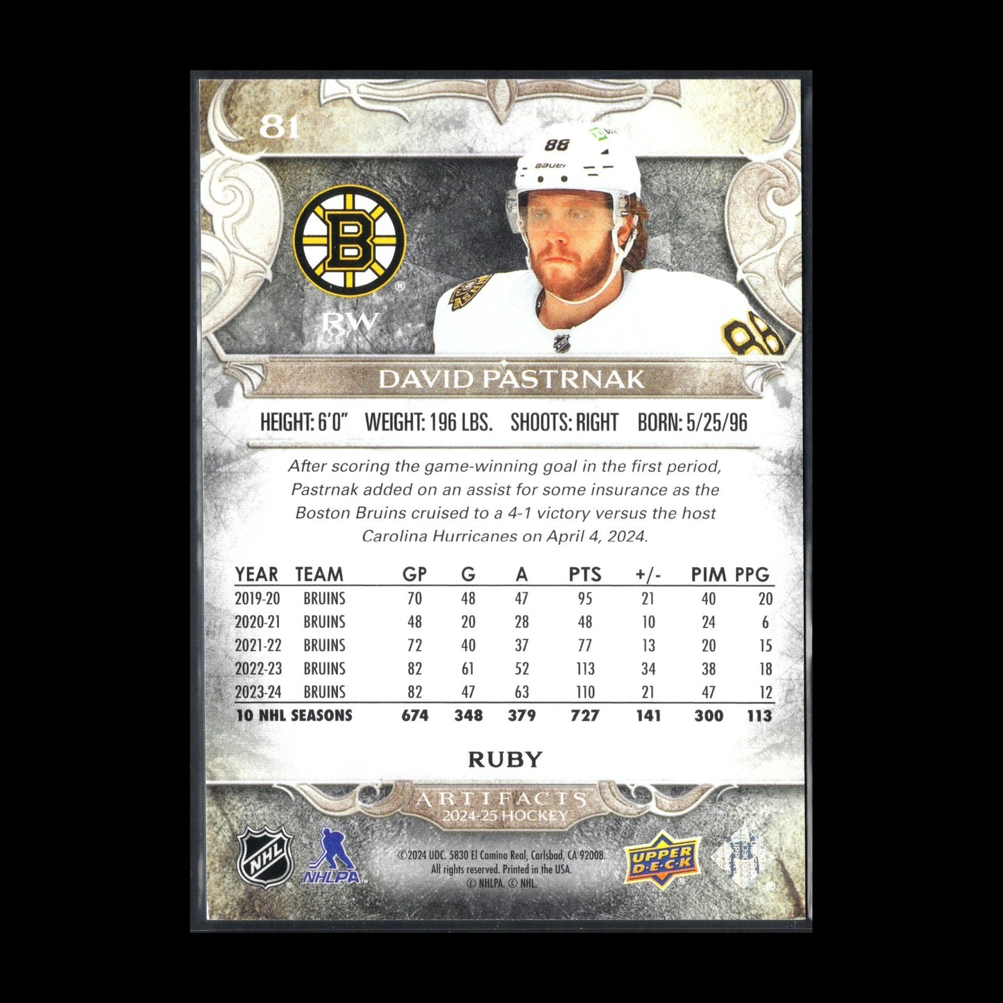2024-25 UD Artifacts DAVID PASTRNAK #81 Ruby /499 - Boston Bruins