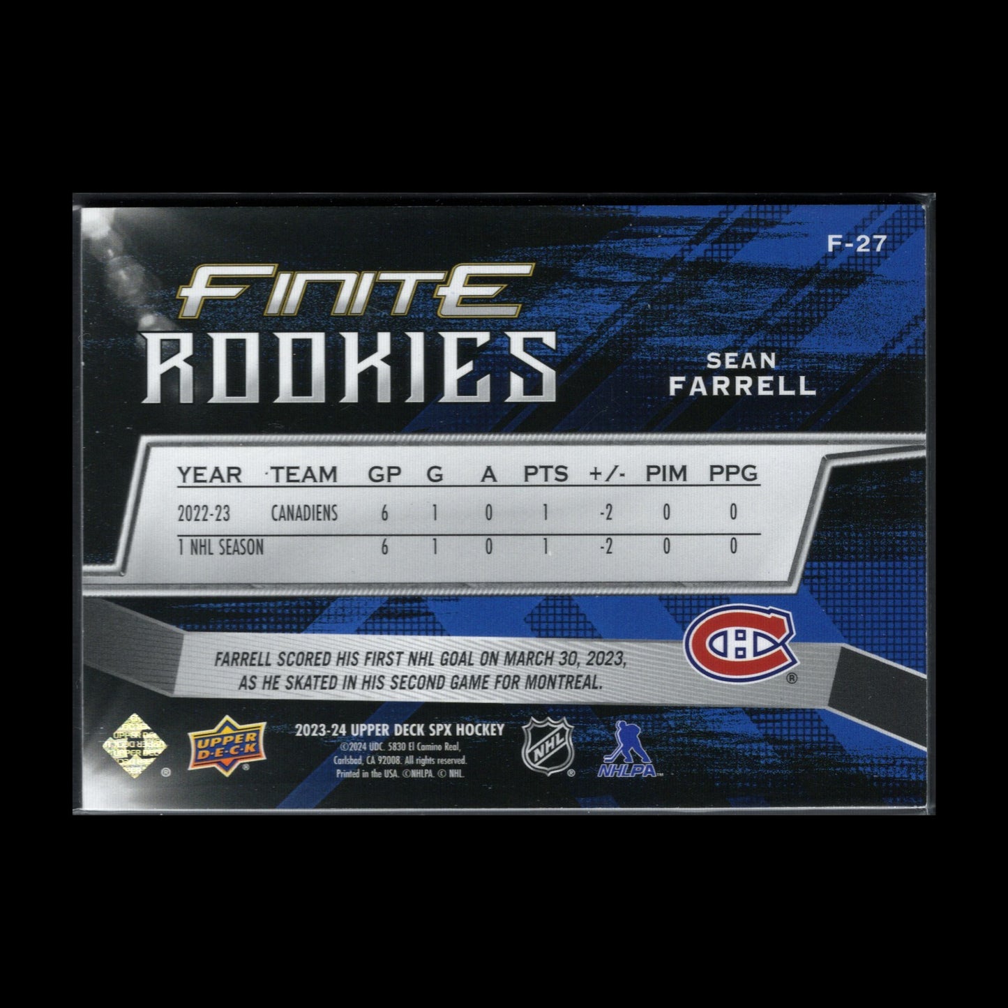 2023-24 UD SPx SEAN FARRELL #F-27 Finite Rookies RC /799 - Montreal Canadiens