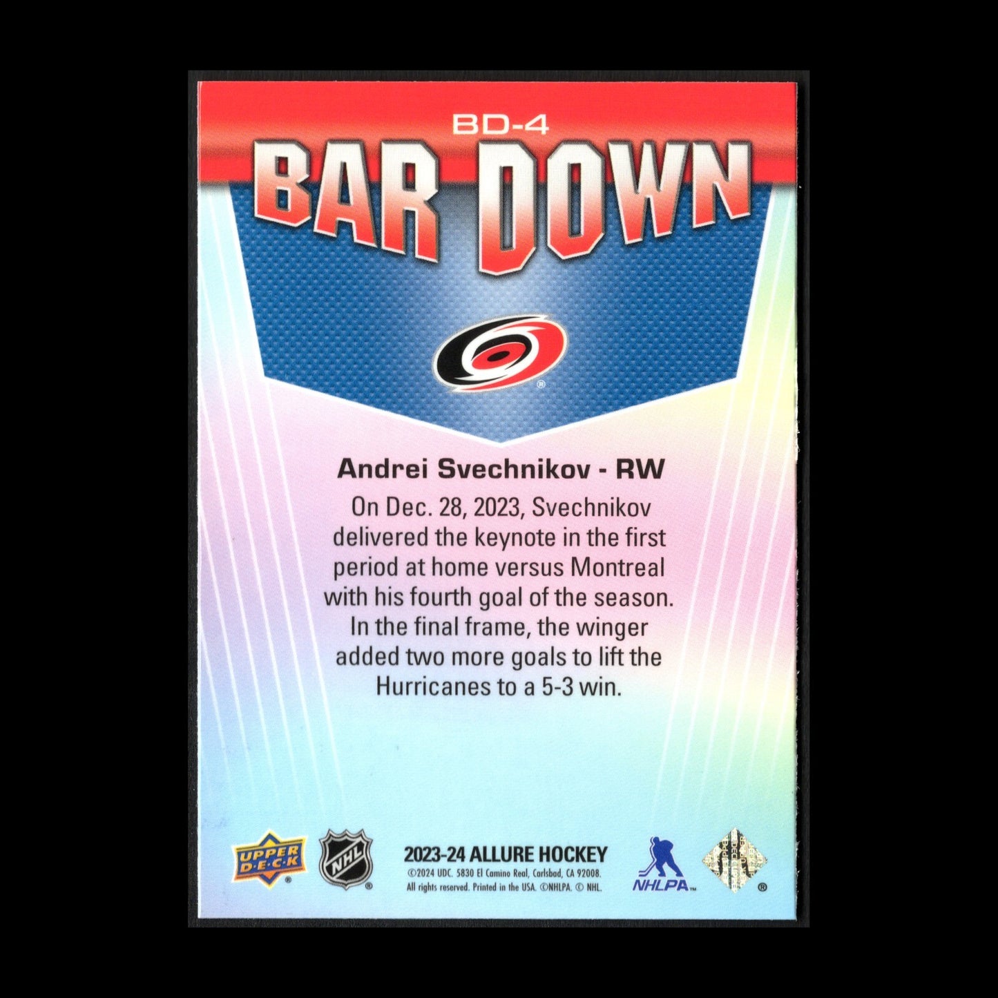 2023-24 UD Allure ANDREI SVECHNIKOV #BD-4 Bar Down - Carolina Hurricanes