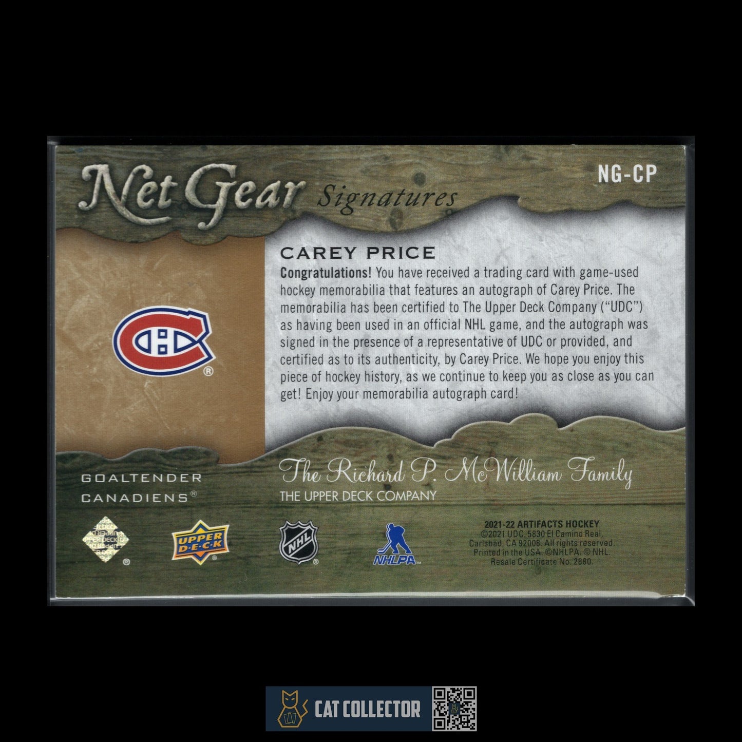 2021-22 UD Artifacts CAREY PRICE #NG-CP Net Gear /25 Auto Jersey