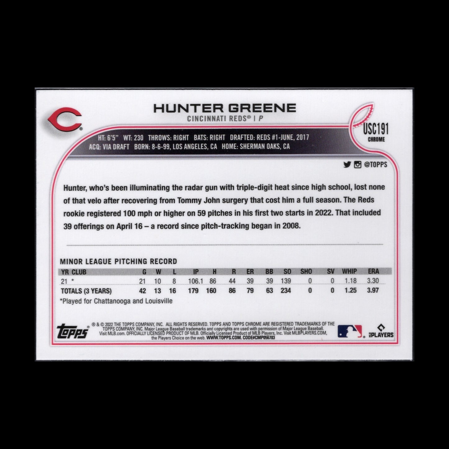 2022 Topps Chrome Updated Series HUNTER GREENE #USC191 RC