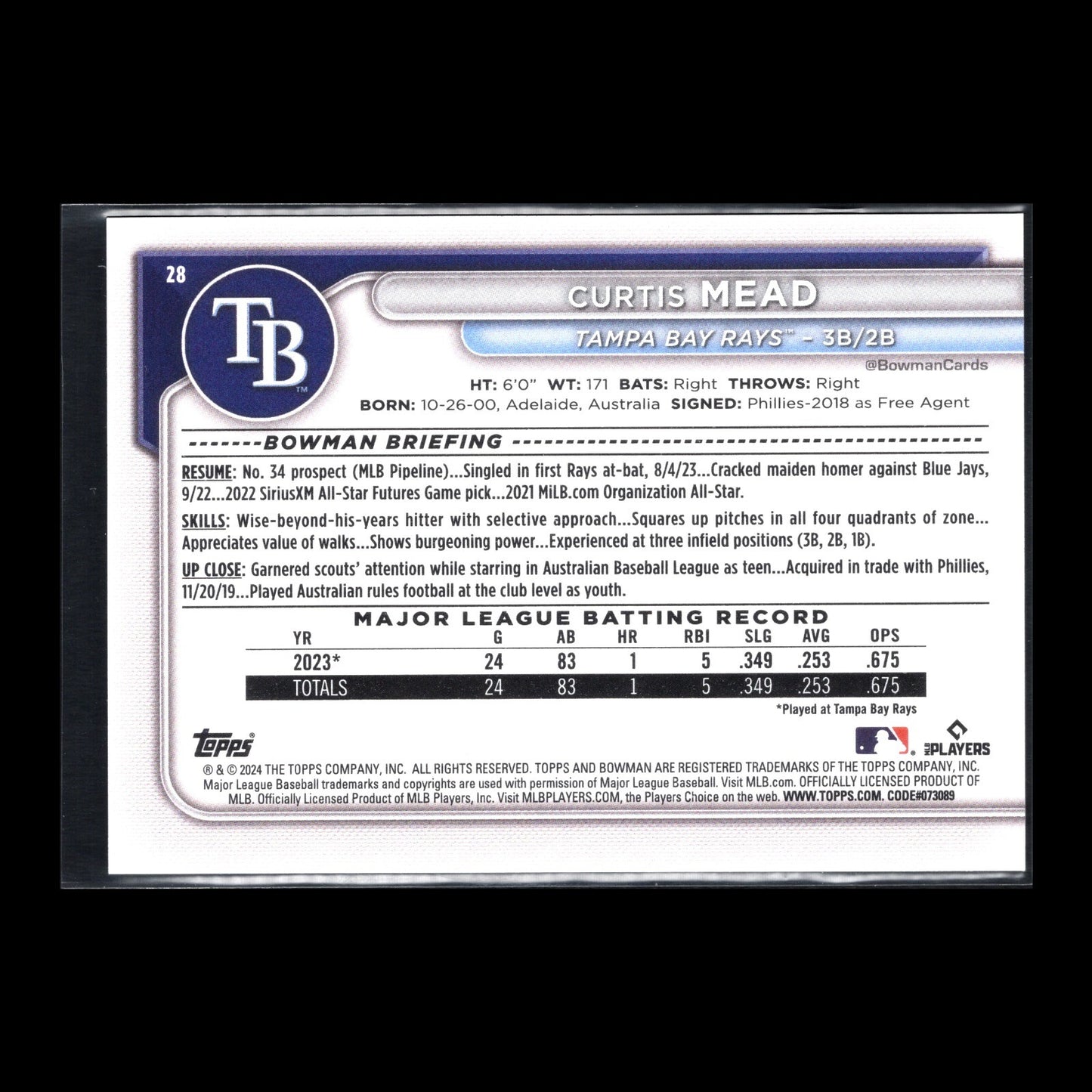 2024 Topps Bowman CURTIS MEAD #28 Prospect RC - Tampa Bay Rays